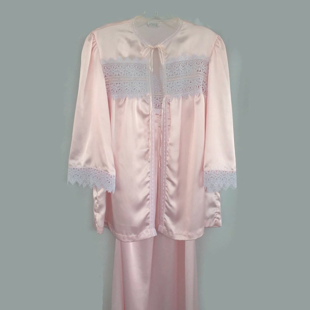 Vintage Bert Yelin Iris Nightgown Pink Satin Nightie Bed Jacket Lace Trim Sz S